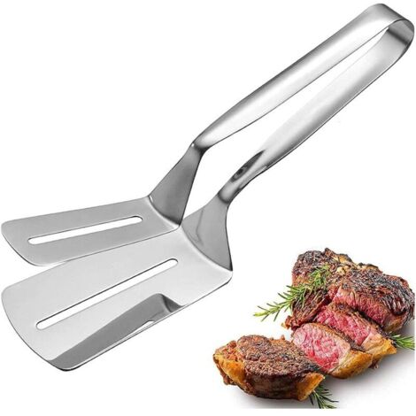 Pince à Steak Pince, Pelle à Poisson Frit, Pince Barbecue en Acier Inoxydable, Multifonction Pince de Cuisson avec Fentes pour Steak, Pain, Hamburger, Barbecue, Viandes, Pizza, Poisson, Argent (1/5)