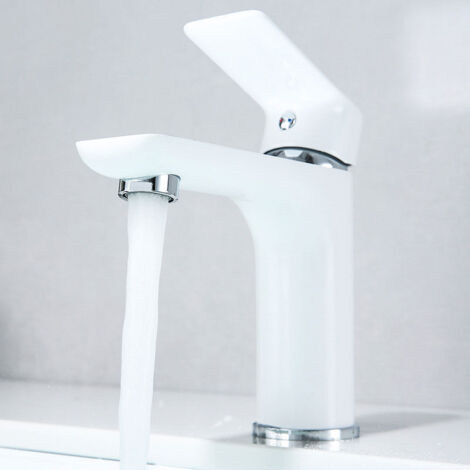 Robinet de salle de bain en à un trou, robinet de salle de bain blanc à poignée unique (1/5)