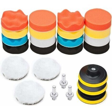 Ce kit de polissage automobile de 25 pièces comprend un disque de polissage en éponge de 75 mm, des têtes de polissage pour perceuse, des brosses de polissage abrasives et des tampons de polissage ave (1/4)