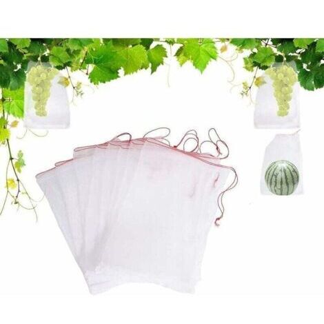 Lot de 100 sacs réutilisables en nylon à mailles anti-insectes, adaptés à la protection du jardin, à la protection des arbres fruitiers et à la répulsion des oiseaux, avec cordon de serrage. (1/4)