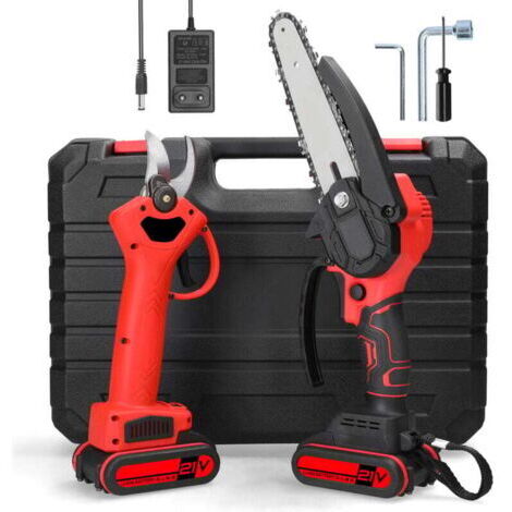 Mini tronçonneuse à batterie + sécateur électrique sans fil pour couper le bois et élaguer les branches dans le jardin (rouge) (1/4)