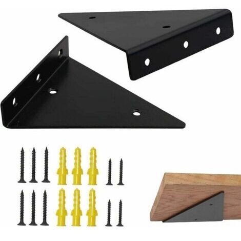 Étagère murale suspendue en métal noir avec support triangulaire dissimulé. Charge maximale : 30 kg. Dimensions : 17 cm. Installation facile. (1/5)