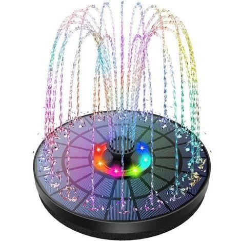 Fontaine d'extérieur à LED alimentée à l'énergie solaire avec une pompe flottante de 3 W pour bassin, une batterie, des lumières LED colorées et 7 buses, adaptée aux jardins extérieurs. (1/4)