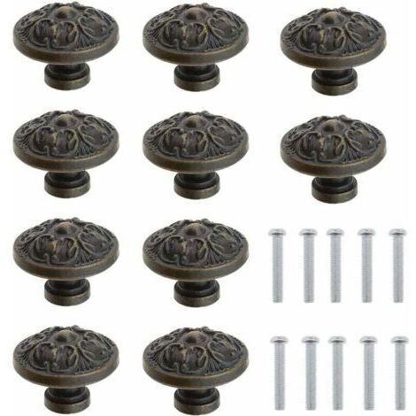 Un ensemble de 10 poignées de tiroir rondes vintage, adaptées aux armoires, commodes, buffets et portes de meubles, avec vis, couleur bronze antique, 29 x 21 mm. (1/4)