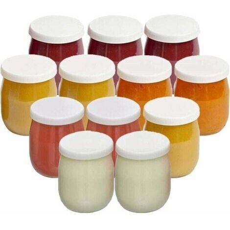 Lot de 12 pots de yaourt en verre avec couvercles hermétiques - Compatibles avec les yaourtières, les multicuiseurs et les robots culinaires (comme Thermomix, SEB, etc.) - 143 ml / 125 g (1/4)