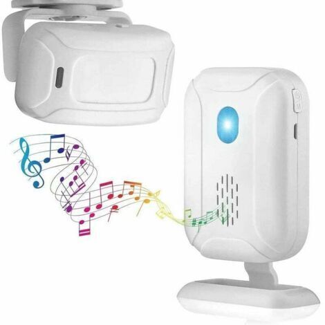 Kit d'alarme domestique comprenant un détecteur de mouvement et une sonnette sans fil, avec capteur et récepteur. Autonomie : 5 à 7 mois. Alimentation : micro-USB.