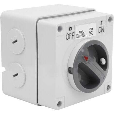 Interrupteur marche/arrêt rotatif étanche IP66 2P 40A avec voyant lumineux, 250 V, adapté à une utilisation extérieure et industrielle.