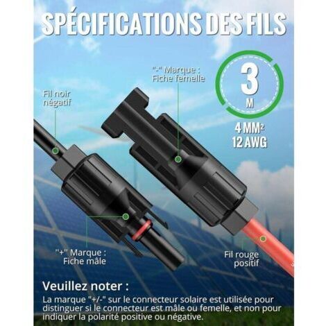 Câble d'extension pour panneau solaire photovoltaïque de 6 mètres 2x4mm²/12 AWG, étanche IP68, avec connecteurs mâles et femelles sur le câble (3 mètres rouges + 3 mètres noirs). (1/3)