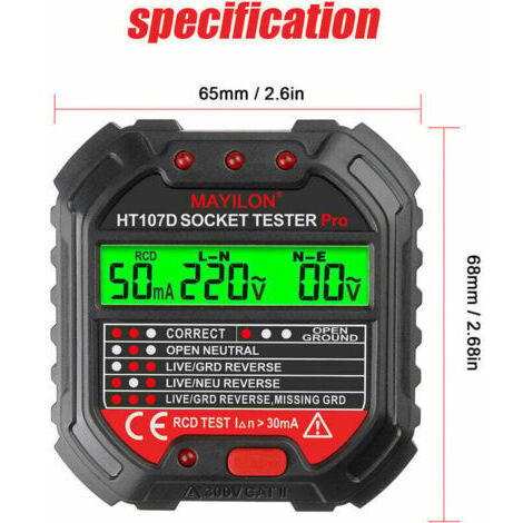 Testeur de prise avec testeur de fil de terre, testeur de fil de phase de la prise (norme UE HT107D) (1/3)