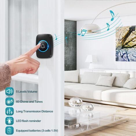 Sonnette extérieure sans fil étanche, portée de 300 mètres – Indice de protection IP44 – 60 sonneries – Volume réglable sur 5 niveaux – Installation sans perçage (1/4)