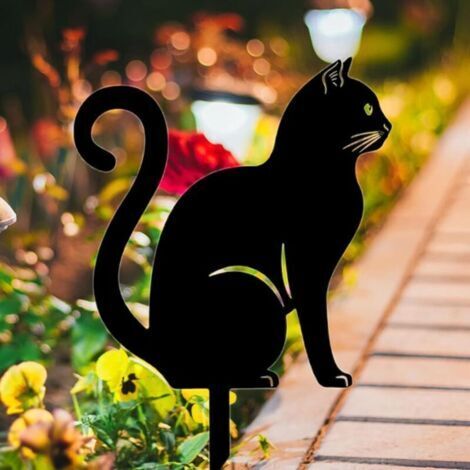 Statue de chat en métal mignon de 26 cm, noire, sur poteau pour jardin extérieur. Décoration de pelouse.