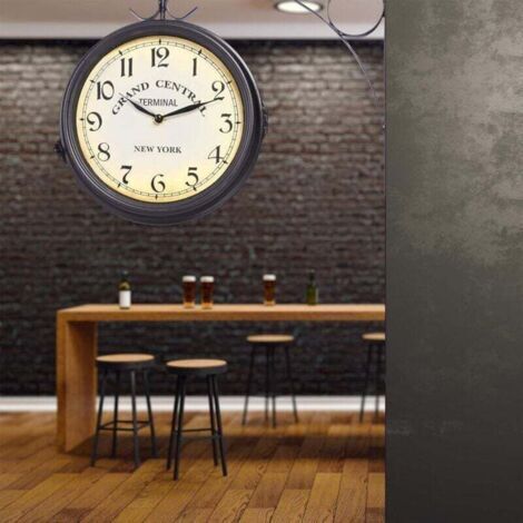 Horloge de gare vintage new-yorkaise à double face, noire, affichage double face, alimentée par piles.