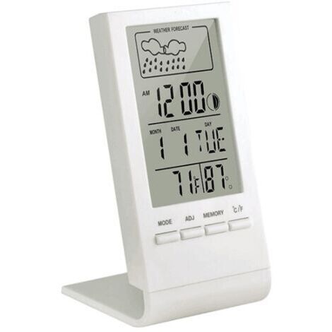 Station météo sans fil, thermomètre intérieur/extérieur, hygromètre, baromètre, réveil numérique avec capteur extérieur, affiche l'heure, la date, le jour de la semaine et la phase de la lune (blanc).