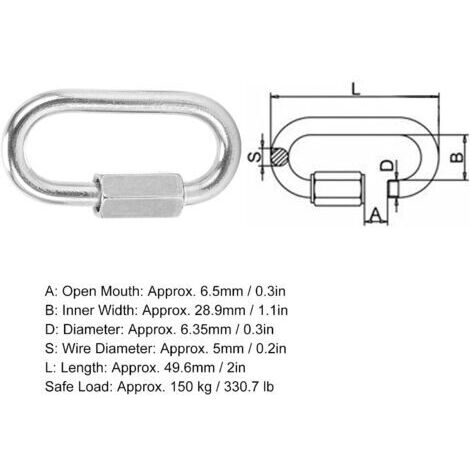 Verrou à connexion rapide, mousqueton à filetage en forme de D, acier inoxydable 304, connecteur de chaîne robuste, 150 kg/330,7 lbs (paquet de 10 M5) (1/4)