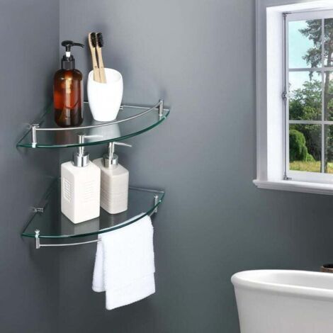 Étagère d'angle murale en verre trempé pour salle de bain avec porte-serviettes en acier inoxydable (1/3)