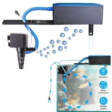 Système de filtration d'aquarium 3 en 1 : circulation silencieuse, alimentation en air, pompe submersible, filtre supérieur, bac de récupération, alimentation en air. (1/3)