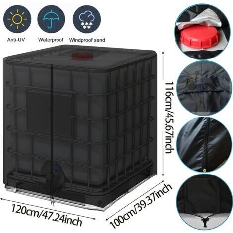 Housse pour réservoir d'eau IBC de 1000 L, housse pour conteneur d'eau de pluie, avec fermeture éclair, coupe-vent, résistante aux UV, ripstop 420D (noir). (1/4)