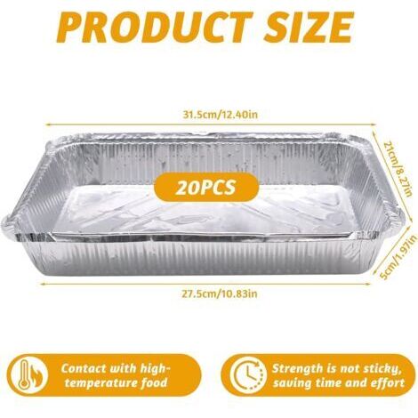 Lot de 20 barquettes de barbecue jetables en aluminium, compatibles avec les barbecues à gaz, à charbon et au four, pour griller viandes, poissons et légumes. Dimensions : 31,5 x 21,5 x 5 cm.