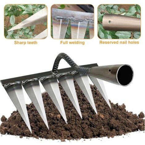 Râteau de jardin en acier au carbone – 6 dents acérées pour le désherbage et les semis – durable et compatible avec différents manches. (1/4)