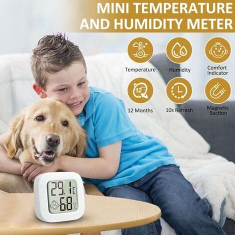 Ce lot de 4 mini thermomètres et hygromètres d'intérieur est un appareil de haute précision doté d'un indicateur de qualité de l'air. Il convient aux cuisines, crèches, serres, entrepôts, bureaux et a (1/3)
