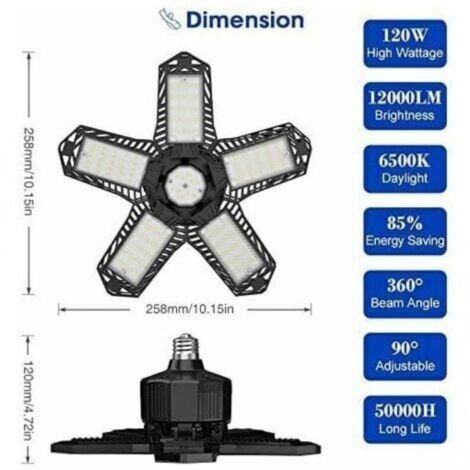 Kit d'éclairage LED pour garage - 120 W - 12 000 lm - Éclairage d'atelier - Plafonnier flexible - Panneau lumineux E26/E27 - 1 lampe