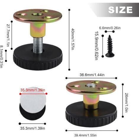Ensemble de quatre pieds de table réglables, pieds de meubles réglables en hauteur, réglables de 27 à 40 mm, aucun perçage requis, comprend des patins antidérapants, convient à la plupart des meubles. (1/3)