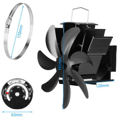 Ventilateur de poêle à 7 pales avec thermomètre, ventilateur de cheminée noir, adapté aux poêles à bois, usage domestique, silencieux, économe en énergie, entraîné par la chaleur. (1/4)