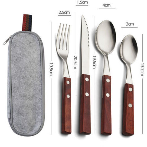 Ensemble de quatre couverts en acier inoxydable 304 – manches en bois massif – lames renforcées pour une durabilité accrue – couverts de style vintage (1/3)