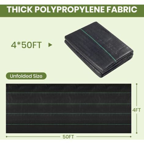 Géotextile de contrôle des mauvaises herbes 1,2 x 15 m 4 x 50 pi - 100 g/m², fibre de polypropylène tissée, perméable, résistant aux UV, inhibe la croissance des mauvaises herbes. (1/3)