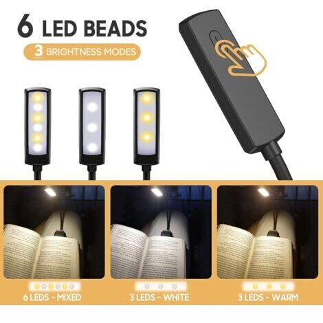 Lampe de lecture LED avec 6 LED rechargeables (lumière blanche froide/jaune chaude), 3 modes de luminosité, rotation flexible à 360°, idéale pour lire au lit, avec clip, lampe de lecture pour salon/sa (1/4)