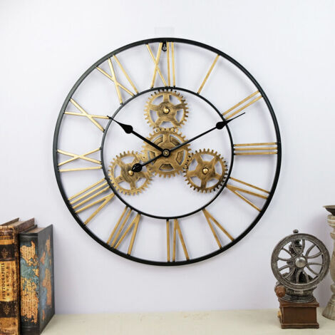 Horloge murale géante à engrenages dorés, en métal industriel, 50 cm, mouvement à quartz, chiffres romains, silencieuse, idéale pour le salon, le bar et la salle à manger. (1/3)