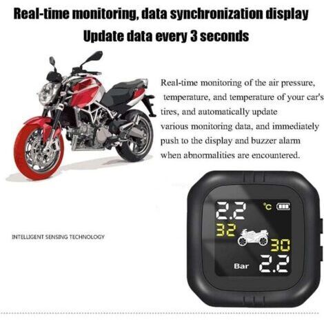 Système de surveillance de la pression des pneus (TPMS) sans fil haute précision pour motos, avec fonction d'alarme automatique. (1/3)