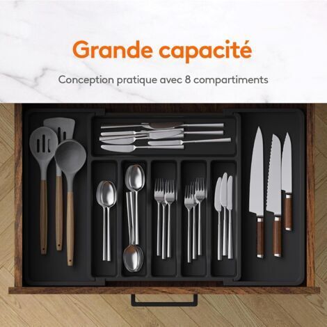 Plateau à couverts, plateau à couverts extensible de type tiroir, étagère de rangement réglable pour tiroir, boîte de rangement compacte en plastique pour cuillères et fourchettes de cuisine, noir. (1/4)