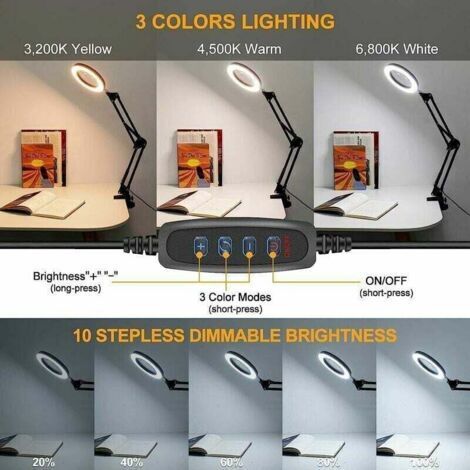 Lampe de bureau LED grossissante x10 • 3 couleurs de lumière, 10 niveaux de luminosité réglables • Alimentation USB, avec bras articulé. (1/3)