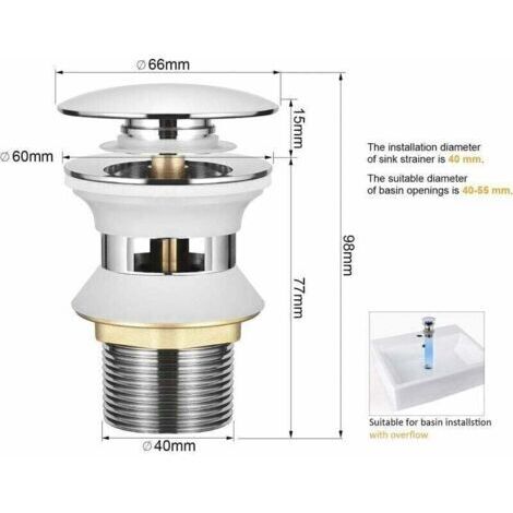 Bonde de lavabo universelle avec trop-plein automatique à ouverture par bouton-poussoir, raccord de 1-1/4 pouce, en laiton chromé. (1/3)
