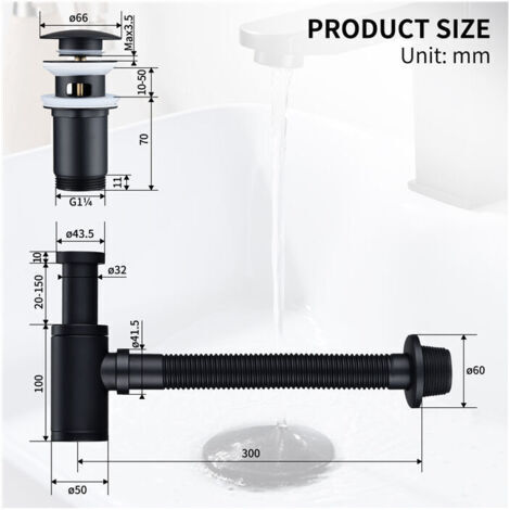 Bonde de lavabo escamotable noire mate, diamètre 44-46 mm – Siphon en acier inoxydable – Bonde à ressort – Hauteur 16 cm – Installation facile sans outils. (1/4)