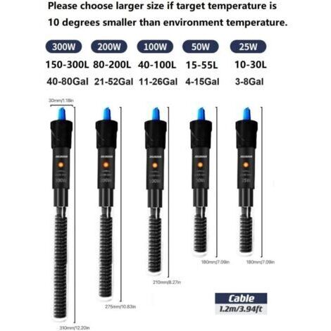 Chauffage d'aquarium classique, adapté aux poissons et aux tortues, avec des options de puissance de 25W, 50W, 100W, 200W et 300W.
