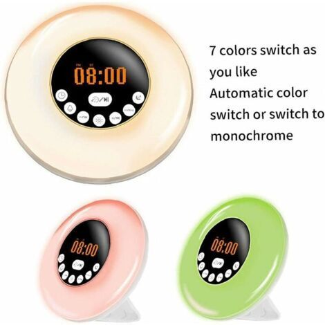 Réveil veilleuse LED RGB 7 couleurs simulant le lever et le coucher du soleil, avec haut-parleur Bluetooth, radio, alarme sonore naturelle, lumière de réveil et fonction de luminothérapie.