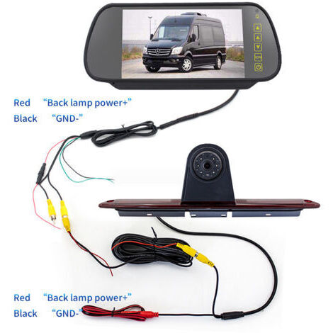 Caméra de recul de 7 pouces avec feu stop et feu de stationnement à LED (écran inclus) pour fourgonnettes Mercedes-Benz Sprinter/Volkswagen Crafter, noire.
