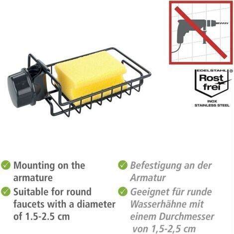 Organisateur d'évier noir, porte-éponge, porte-robinet peut contenir du savon à vaisselle et des éponges facile à installer sur l'évier ou le lavabo construction en métal et plastique dimensions : (1/4)