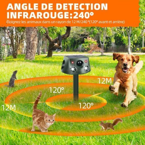 Répulsif à ultrasons pour chats d'extérieur – 6 modes réglables – Alimentation solaire et USB – Étanchéité IP66 – Repousse les chiens, les souris et les renards (1/4)