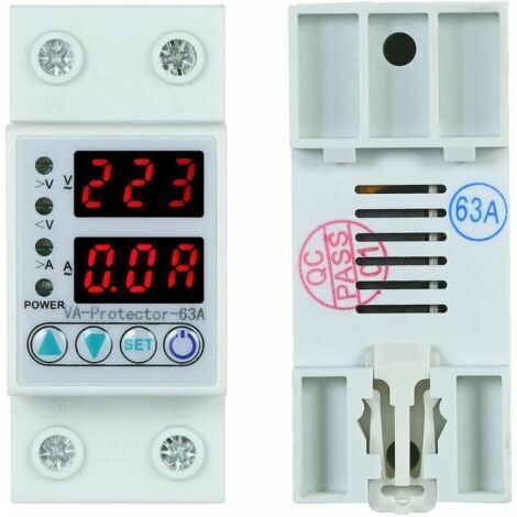 Relais de protection contre les surtensions et les sous-tensions, sur rail DIN 63A à 220V, avec double affichage, adapté à un usage domestique.