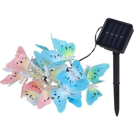 Guirlande lumineuse solaire en forme de papillon à 20 LED, 4,8 mètres de long, multicolore, étanche, adaptée aux fêtes en extérieur (20 lumières LED). (1/4)