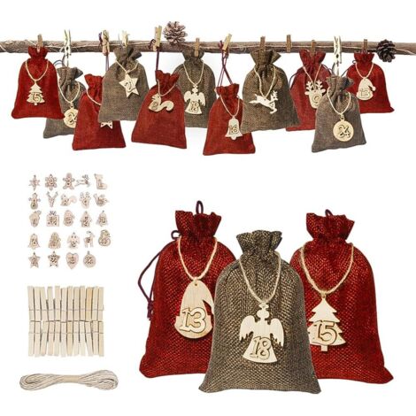 Calendrier de l'Avent DIY, Calendrier de Noël 2024 à remplir avec les chiffres de l'Avent, Pendentif en bois, Cadeau de Noël, Sac en tissu pour hommes, femmes, enfants (1/5)