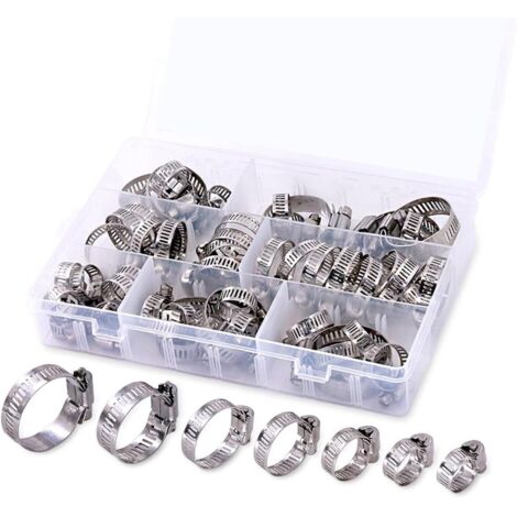 Assortiment de colliers de serrage réglables en acier inoxydable de 8 à 38 mm, 7 tailles, colliers de serrage pour conduites de carburant hydrauliques, lot de 60 (1/5)