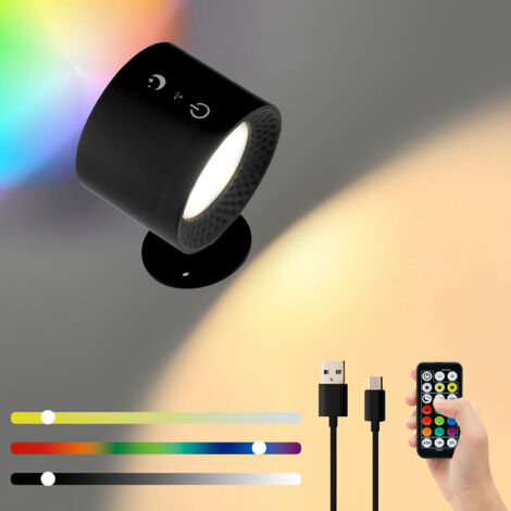 Applique Murale Intérieure, Lampe de Chevet Sans Fil Tactile LED avec Télécommande, Lampe Murale RGB à Gradation Rotatifs 360° Rechargeable avec Minuterie Applique Murale Chambre Salon-noir[Classe éne (1/5)
