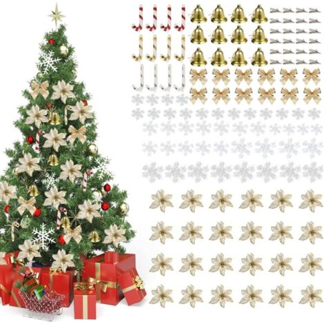 Ensemble de 120 décorations de Noël brillantes pour sapin de Noël, dont 24 poinsettias brillants, 24 pinces, 12 nœuds, 12 cloches, 12 cintres et 36 flocons de neige (dorés). (1/5)