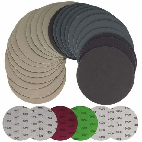 30 Pièces 125mm Papier de Verre Sec à l'eau, Disques Abrasifs Ronds, Tampons de Ponceuse Orbitale Feuilles de Papier Abrasif pour Métal Bois - Grain 1000/1500/2000/3000/4000/5000-- (1/5)