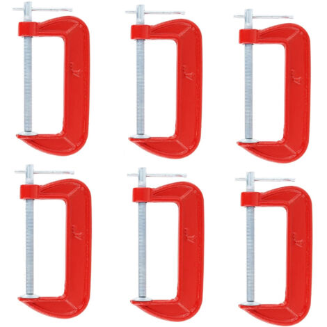 Jeu de 6 serre-joints en G légers rouges avec une ouverture de mâchoire de 10 cm, adaptés à la menuiserie, au soudage et à la réparation automobile. (1/4)