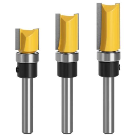 3Pcs 1/4 pouce Tige Fraise à Affleurer, Fraise à araser Fraise à Copier Avec Roulement Supérieur, Outils de Fraisage de Menuiserie (1/4)
